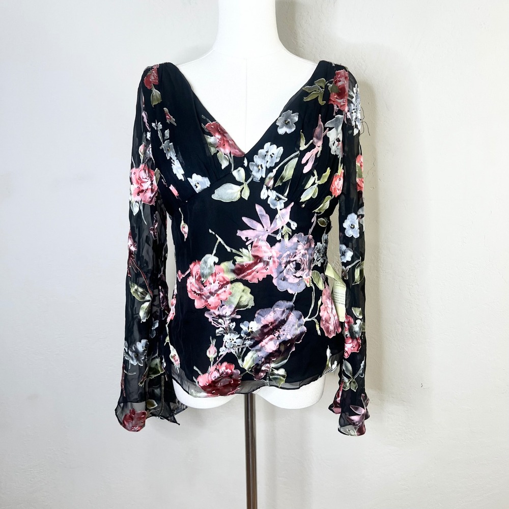 Adrianna Papell Top Floral Silk Blend Blouse Size 8 Black New Sheer Sleeve FLAWS